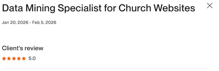 Upwork review for Data Mining Specialist for Church Websites