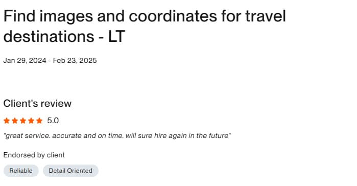 Upwork review for Find images and coordinates for travel destinations - LT